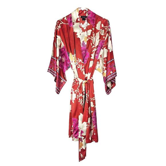 Natori Auburn Floral Robe Satin Red Orange Print Pockets Tie Waist Kimono Size S - Picture 3 of 8